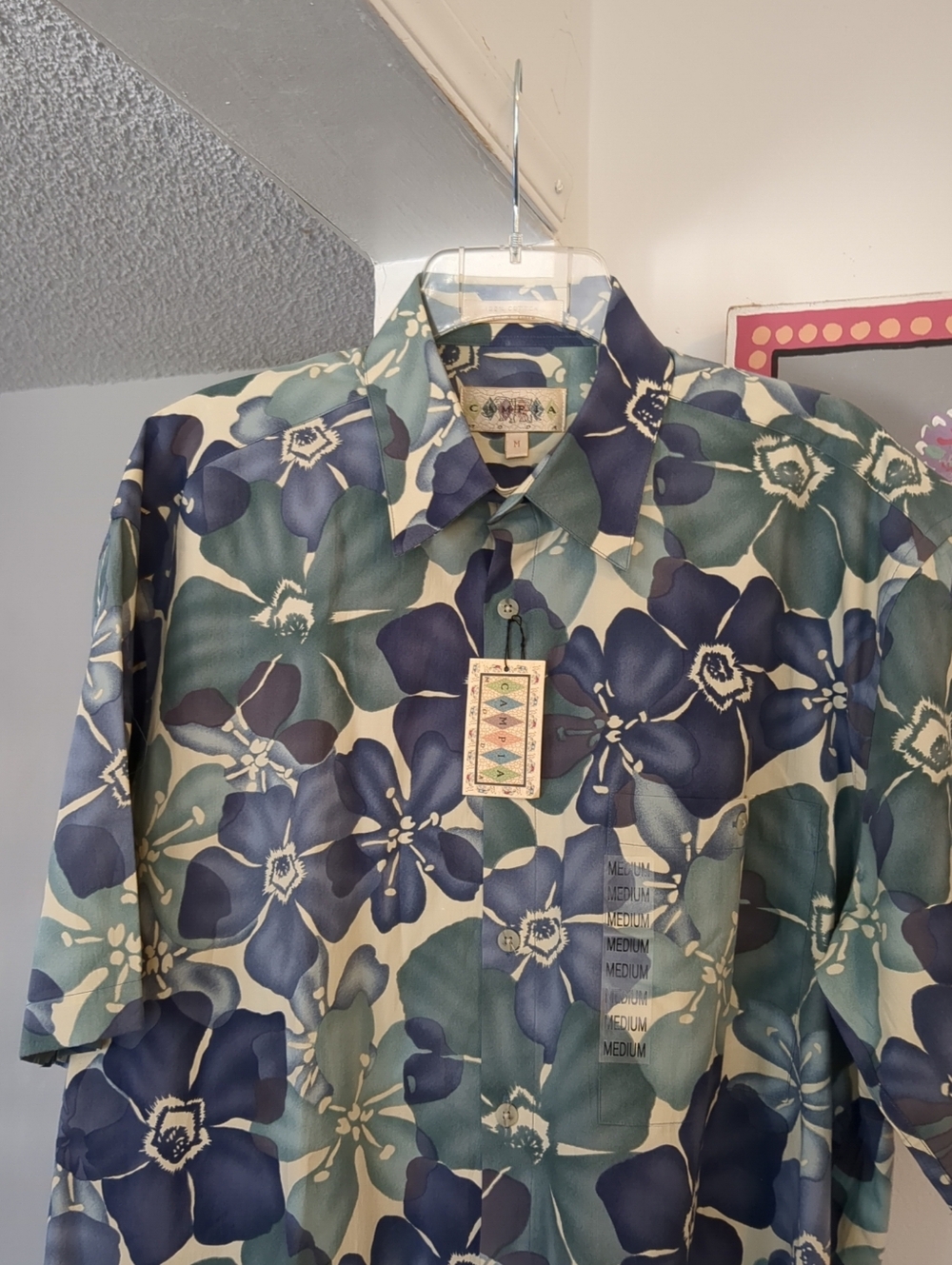 NWT Campia Moda Hawaiian Short Sleeve Blue Green Floral M Aloha Casual Beach